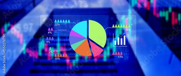 Fototapeta Market research and marketing analysis with Ai technology. customer surveys and statistics. analysts touch on pie charts and graphs, financial growth graph chart report, Business planning