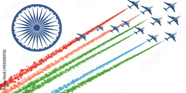 Fototapeta Indian Republic Day Air Force Flypast with Ashoka Chakra and Tricolor Smoke Trails A I G E N E R A T E D - P N G isolated on a transparent background