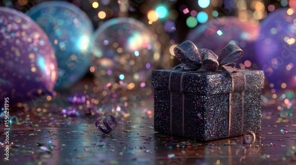 Obraz Close-up of a square gift box wrapped in dark iridescent paper with a satin ribbon bow. Surrounded by sparkling confetti and glowing balloons. Neon bokeh, moody lighting, and deep shadows