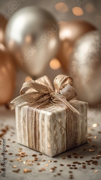 Obraz Close-up of a square gift box wrapped in elegant glossy paper with a luxurious ribbon bow. Surrounded by metallic confetti and shimmering balloons. Soft cinematic lighting, smooth bokeh, rich tones 