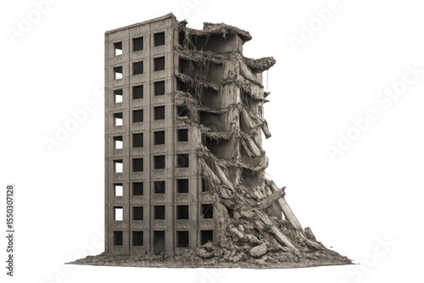 Fototapeta Destroyed building with transparent background representing urban decay and destruction