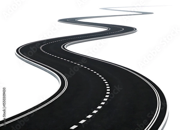 Fototapeta Winding Asphalt Road with White Dashed Lines and Curving Path Isolated on a Transparent Background A I G E N E R A T E D - P N G
