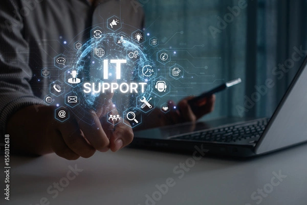 Fototapeta IT support concept with engineer providing secure service and consulting software tools for business information technology technical innovation interface solution digital transformation in cyberspace