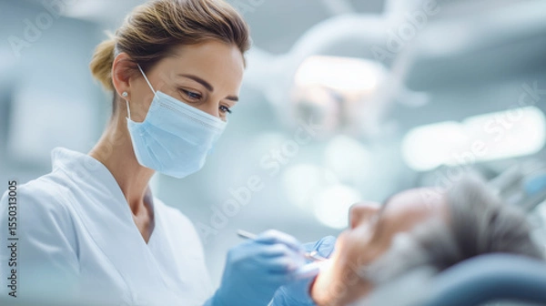 Fototapeta Dentist examining patient during routine check-up in modern clinic
