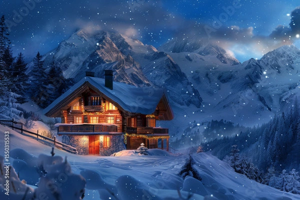 Obraz A mountain chalet among fir forest in ski resort in the Christmas night. Winter holiday cottage decorated with garlands of Xmas lights