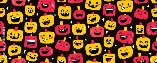 Fototapeta Seamless Halloween Pattern with Cute Pumpkin Faces Flat Style for Kids