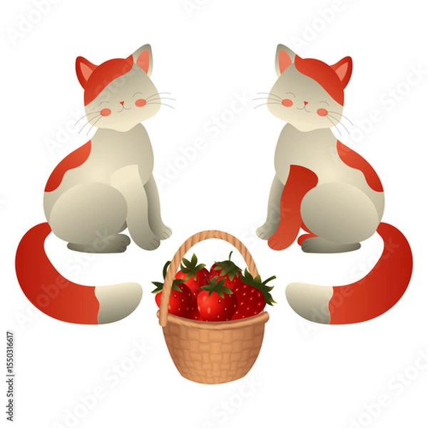 Obraz Two white kittens with red spots and a basket of strawberries. Vector illustration isolated on a white background.