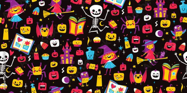 Fototapeta Cute Halloween Seamless Pattern with Witch, Pumpkin, Bat and Skeleton Kids Doodle Style