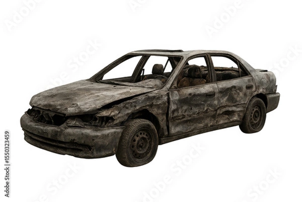 Fototapeta Burned car wreck isolated on transparent background showing destruction and damage