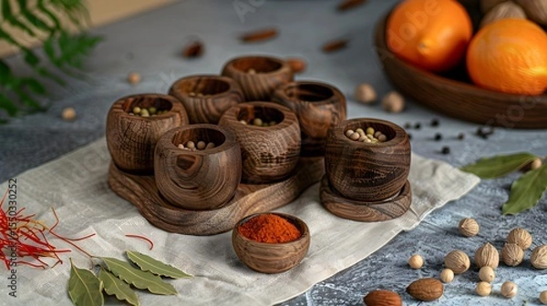 Fototapeta Rustic Wooden Bowls Filled with Spices, Peppercorns, and Paprika on a Linen Cloth