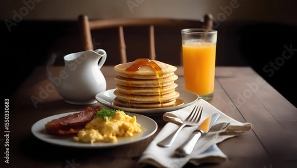 Fototapeta  A healthy better breakfast with pancakes, orange juice, eggs and bacon.