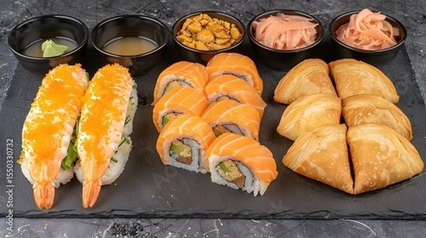 Fototapeta : Delectable Assortment of Sushi Rolls, Shrimp Tempura, and Appetizers on Slate Plate.