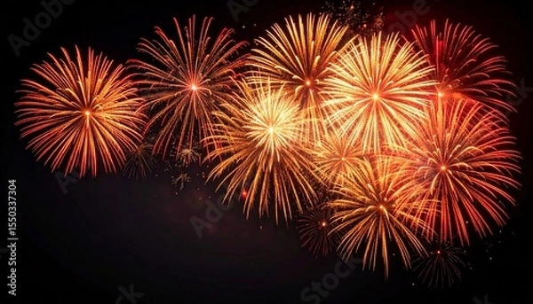 Fototapeta ダイナミックに放たれる暖色の花火が、深い黒の背景と共に視線を引きつけるインパクトあるレイアウト

