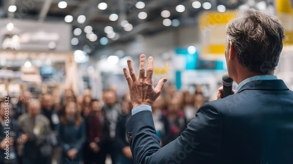 Fototapeta Speaker addresses audience with raised hand. Event backdrop is bright. Business leader engages crowd with gestures and speech. Communication matters