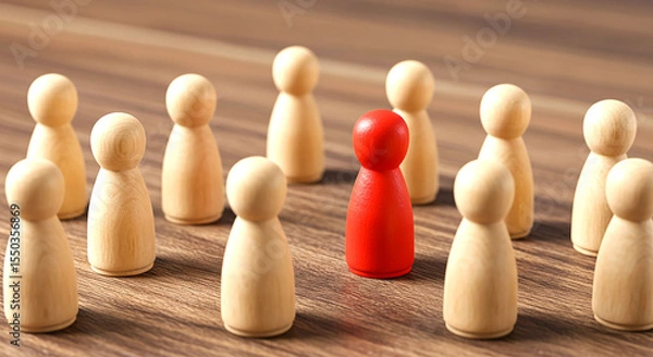 Fototapeta Wooden figures on a wooden surface with one red figure standing out among the other wooden figures