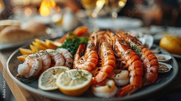 Obraz An appetizing seafood platter showcasing succulent shrimp, lobster, and fresh lemon garnishments, perfect for a gourmet meal that excites the senses.