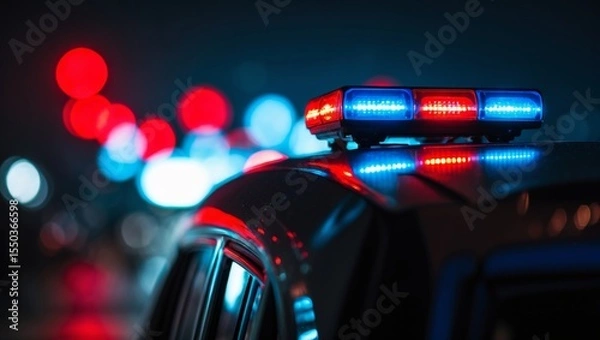 Obraz Dramatic nighttime emergency scene featuring a police vehicle with flashing red and blue lights in urban environment