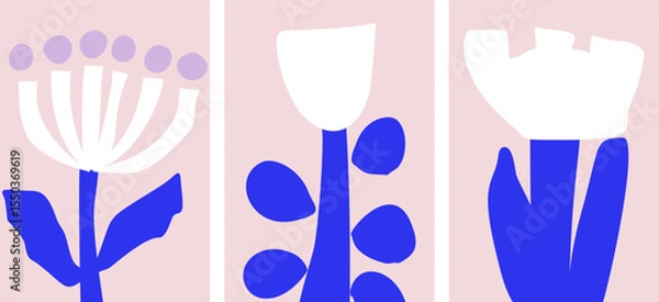 Fototapeta A collection of three abstract modern art illustrations of cutout flowers, minimalist blue and white color design, home decor vector posters