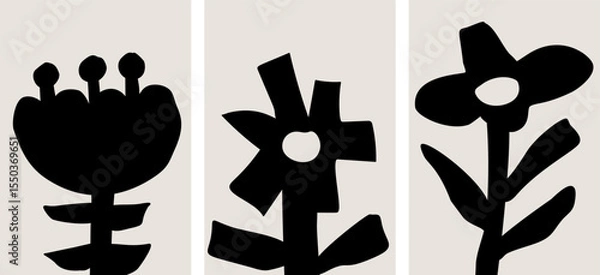 Fototapeta A collection of three abstract modern art illustrations of cutout flowers, minimalist monochrome design, black and white colors, home decor vector posters