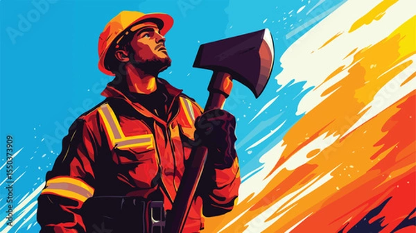 Obraz Professional Firefighter Working with Axe - Flat Vector Illustration