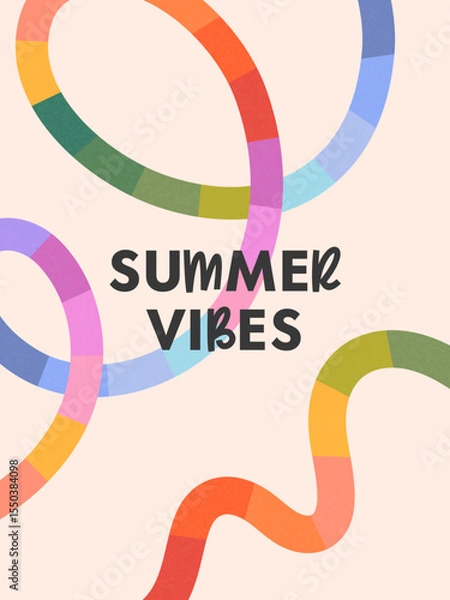 Fototapeta Summer vector illustration with bright rainbow lines.Abstract background with multicolored dinamic shapes.Summer artistic banner in simple style.Template for prints,banners,ad,covers,branding,fashion