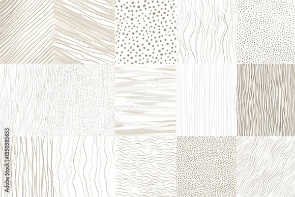 Fototapeta Nine light gray textures drawn by hand in a clean line-art style. Minimalist vector set on a white background, perfect for subtle graphic backgrounds.
