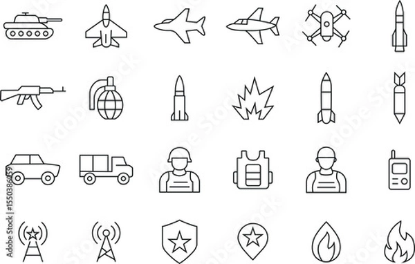Fototapeta Military Weapons And Defense Line Art Icon Set, Minimal Vector Pack with Army Vehicles, Missiles, Soldiers, War Equipment, and Combat Symbols