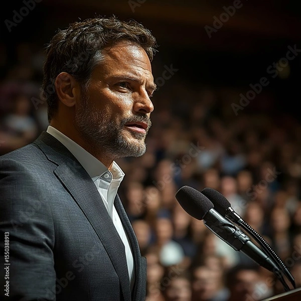 Obraz A confident speaker addresses a captivated audience, sharing insights and inspiring thoughts. Ideal for leadership and public speaking themes.