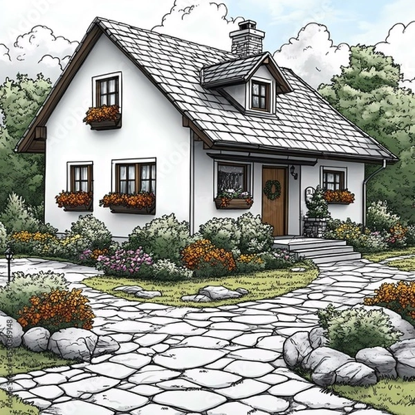 Obraz Charming cottage surrounded by flowers and greenery, with a stone path leading to the door. Ideal for illustrations of idyllic homes.