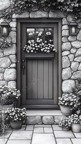 Obraz Charming stone door entrance adorned with flower pots and elegant lanterns, creating a warm, inviting atmosphere in monochrome tones.