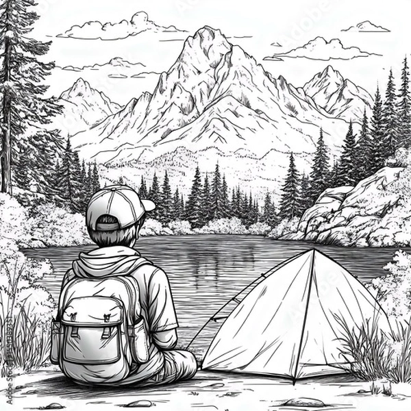 Obraz A serene camping scene featuring a person sitting by a lake with mountains in the background, surrounded by trees and a tent.