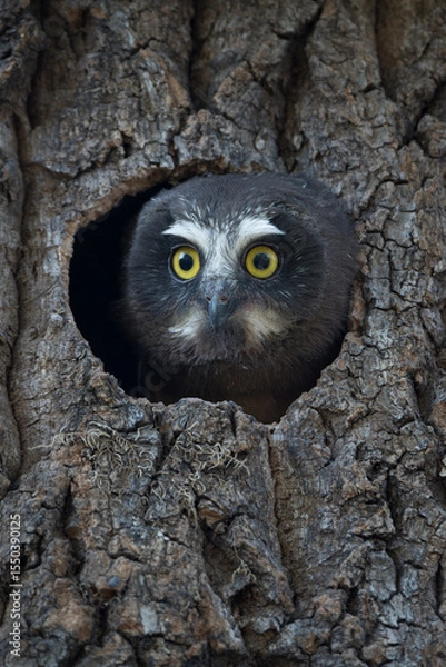 Obraz A saw-whet owlet peeks out of its nesting cavity, eyes wide as it looks around.