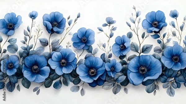 Obraz A beautiful arrangement of blue flowers and foliage against a light background, perfect for floral designs, invitations, or home decor.