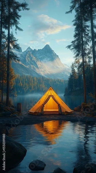 Obraz A peaceful mountain campsite with a glowing orange tent by a serene lake, surrounded by tall pine trees and majestic mountains in the background.