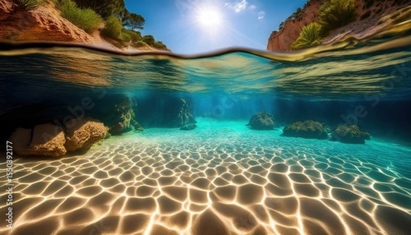 Fototapeta A stunning split-view of a sunlit beach and an underwater scene with clear turquoise water and coral rocks