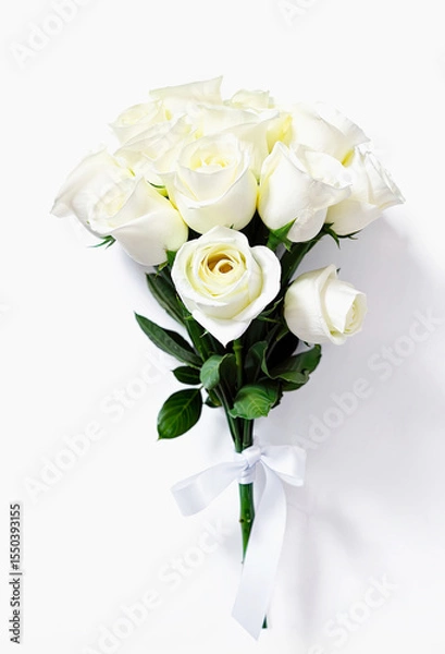 Fototapeta Fresh bouquet of white roses. Flowers tied with a white ribbon on a white background.