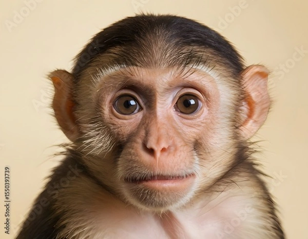 Fototapeta Young Monkey Portrait on Warm Background. for use in educational content, humorous illustrations, or animal behavior themes.