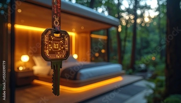 Fototapeta Smart key with circuit design represents tech-enhanced lodging security in a modern forest retreat, ideal for digital detox and luxury glamping experiences