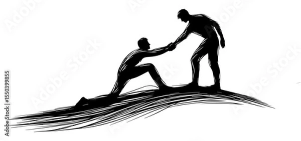 Fototapeta A black and white silhouette of a man who extends his hand to another person helping him get to his feet on a white isolated background. Vector graphics. EPS.
