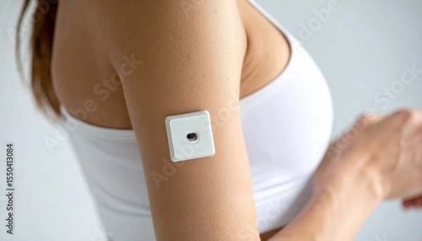 Fototapeta Close-up of a smart wearable sensor on a woman's arm shows real-time health tracking and biofeedback technology in modern personal healthcare systems