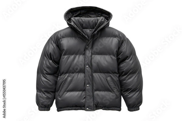 Fototapeta A stylish dark grey puffer jacket with a hood and silver snap buttons isolated on transparent background