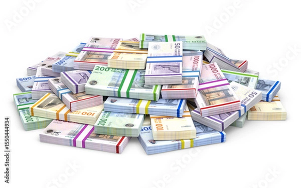 Fototapeta Large pile of various danish krone banknotes