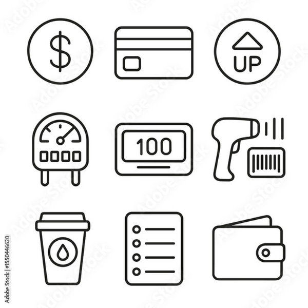 Obraz Prepaid Utility Icons. Line style icons of Prepaid Utility Account: dollar coin, prepaid card, top-up button, usage meter, balance