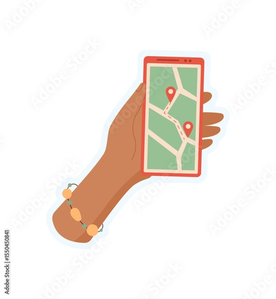 Obraz Hand holds smartphone showing a map sticker. User navigates the app on the screen of phone sticker. Digital navigation, flat style, suitable for online content and technology marketing.