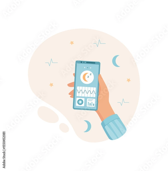 Obraz A hand holds a phone displaying a mobile app screen. The user engages with the digital application using simple gesture. This image illustrates communication technology, flat design, and potential
