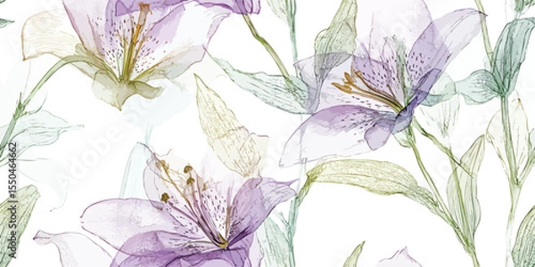 Fototapeta Ethereal lily Alstroemeria Bloom Seamless Pattern Transparent Botanical Vector Illustration for design, textile, packaging, fabric wallpaper branding, stationery wrapping paper interior decor