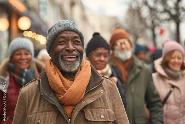 Fototapeta Portrait of senior man in winter clothes smiling at camera while walking on the street