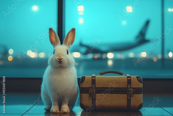 Obraz White Bunny at Airport with Suitcase - Travel & Adventure