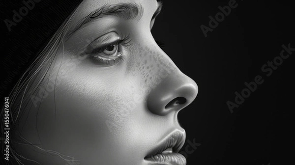 Obraz Close up of woman face in profile, showcasing thoughtful expression and intricate skin details. monochrome tones enhance emotional depth and highlight features beautifully
