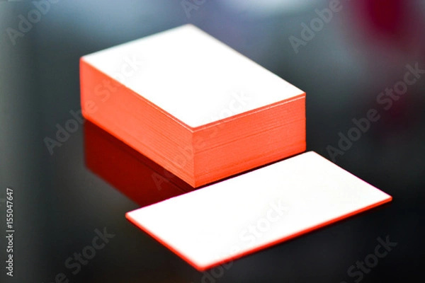 Obraz thick white cotton paper business card mock up with red painted edges. Blank business cards template.